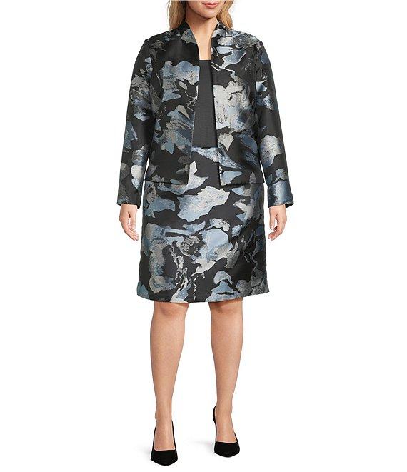 Ming Wang Plus Woven Floral Print Mandarin Collar Long Sleeve Open Front Jacket Product Image