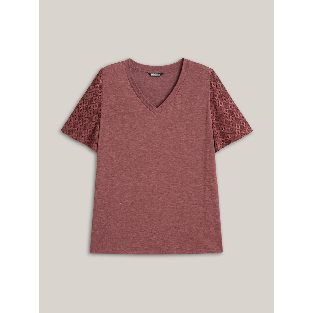 Plus Size Stretchy Flared Lace Sleeves T-Shirt Russet Women Elegant Patchwork V-neck Everyday T-shirts BloomChic 18-20/2X Product Image