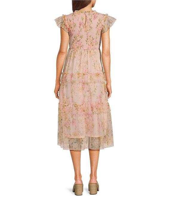 Blu Pepper Floral Print Mesh Round Neck Short Sleeve Smocked Midi Dress Product Image