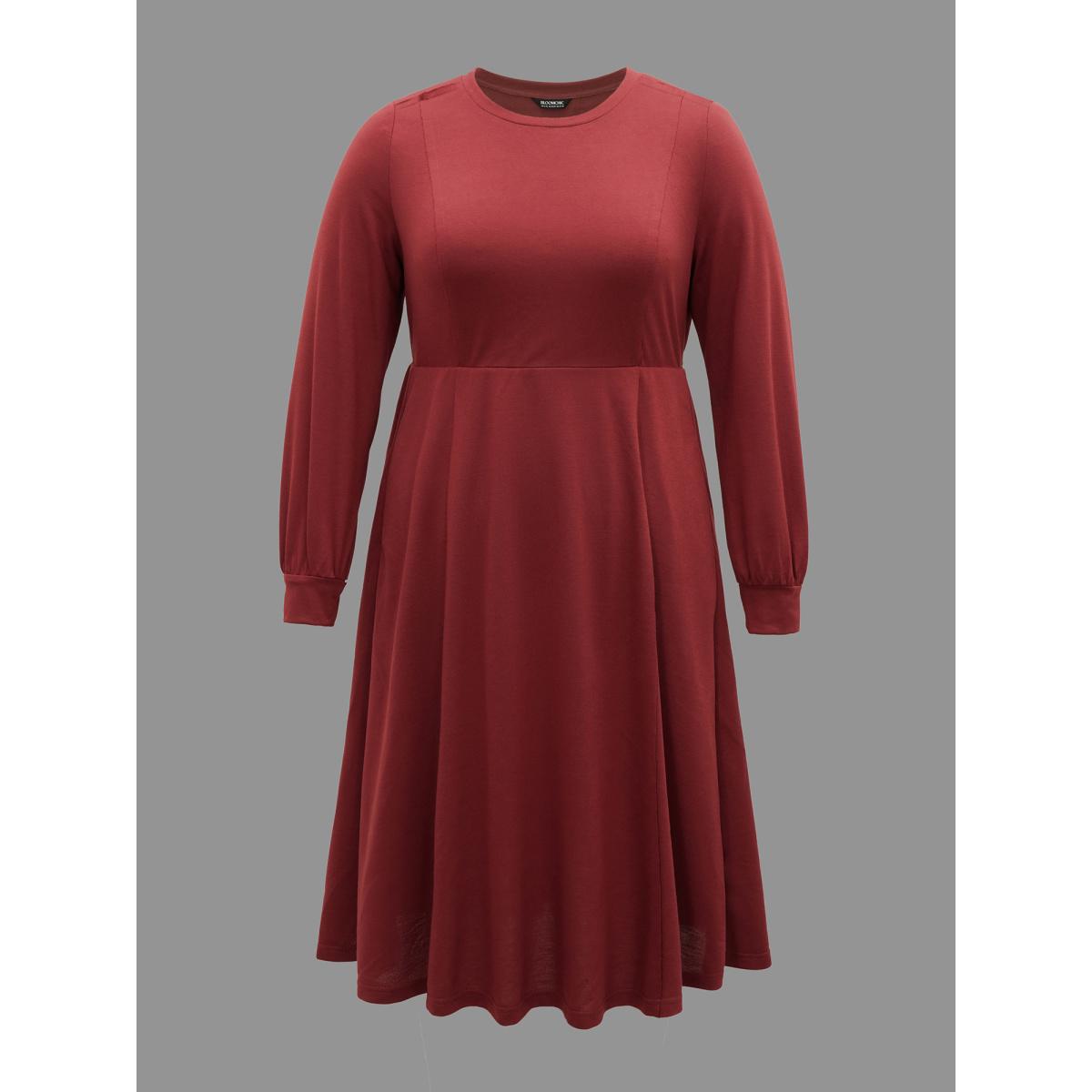 Plus Size Solid Round Neck Midi Knit Dress Burgundy Women Casual Non Knit Dresses Bloomchic 28/5X Product Image