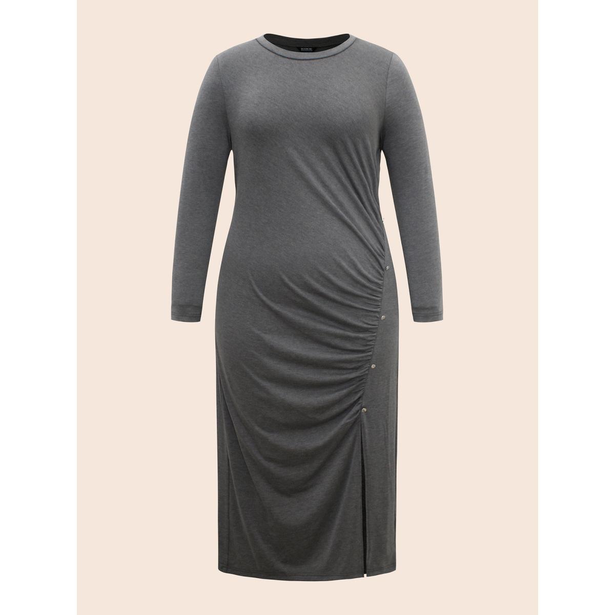 Plus Size Solid Ruched Split Hem Dress DimGray Women Elegant Gathered Round Neck Long Sleeve Curvy BloomChic 26/4X Product Image