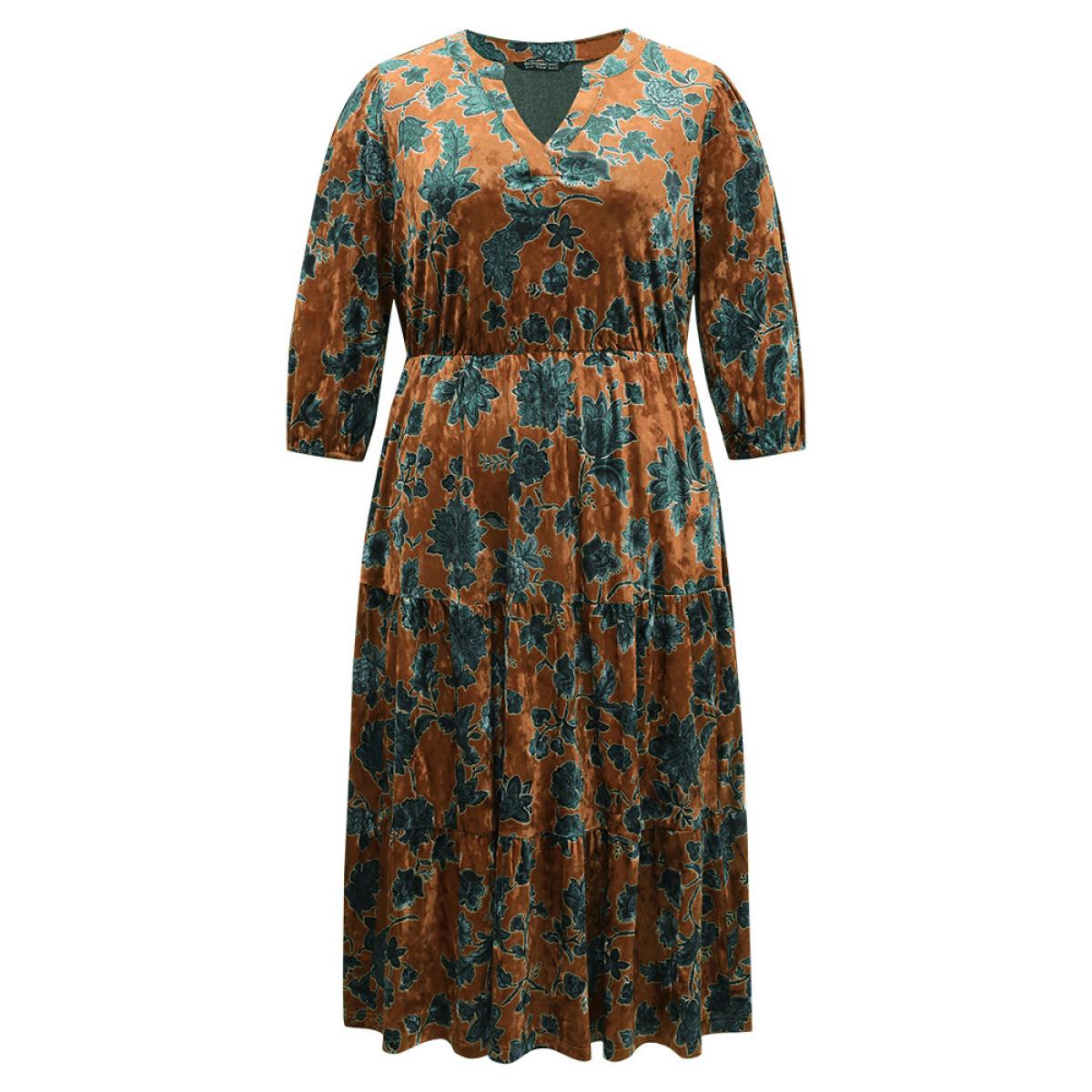 Plus Size Velvet Floral Print Notched Lantern Sleeve Dress Chocolate Women Casual Velvet Notched collar Elbow-length sleeve Curvy Midi Dress BloomChic 26/4X Product Image