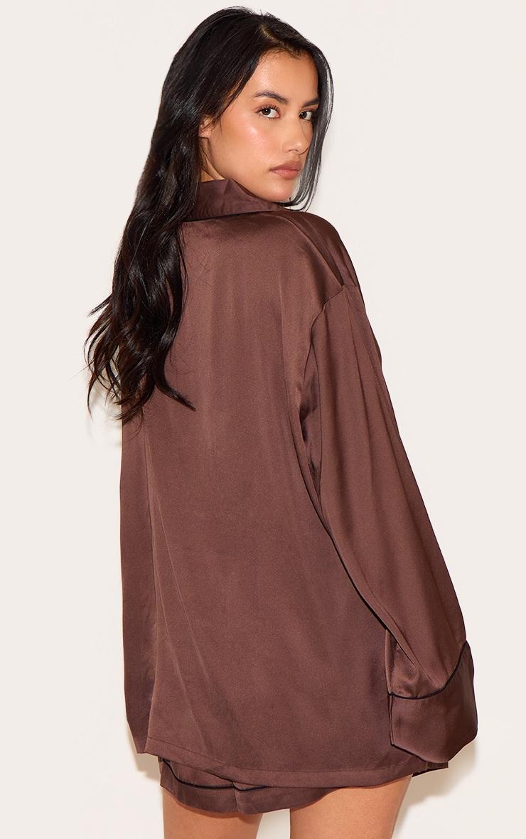 Plus Chocolate Satin Piping Long Sleeve Short Pj Set Product Image