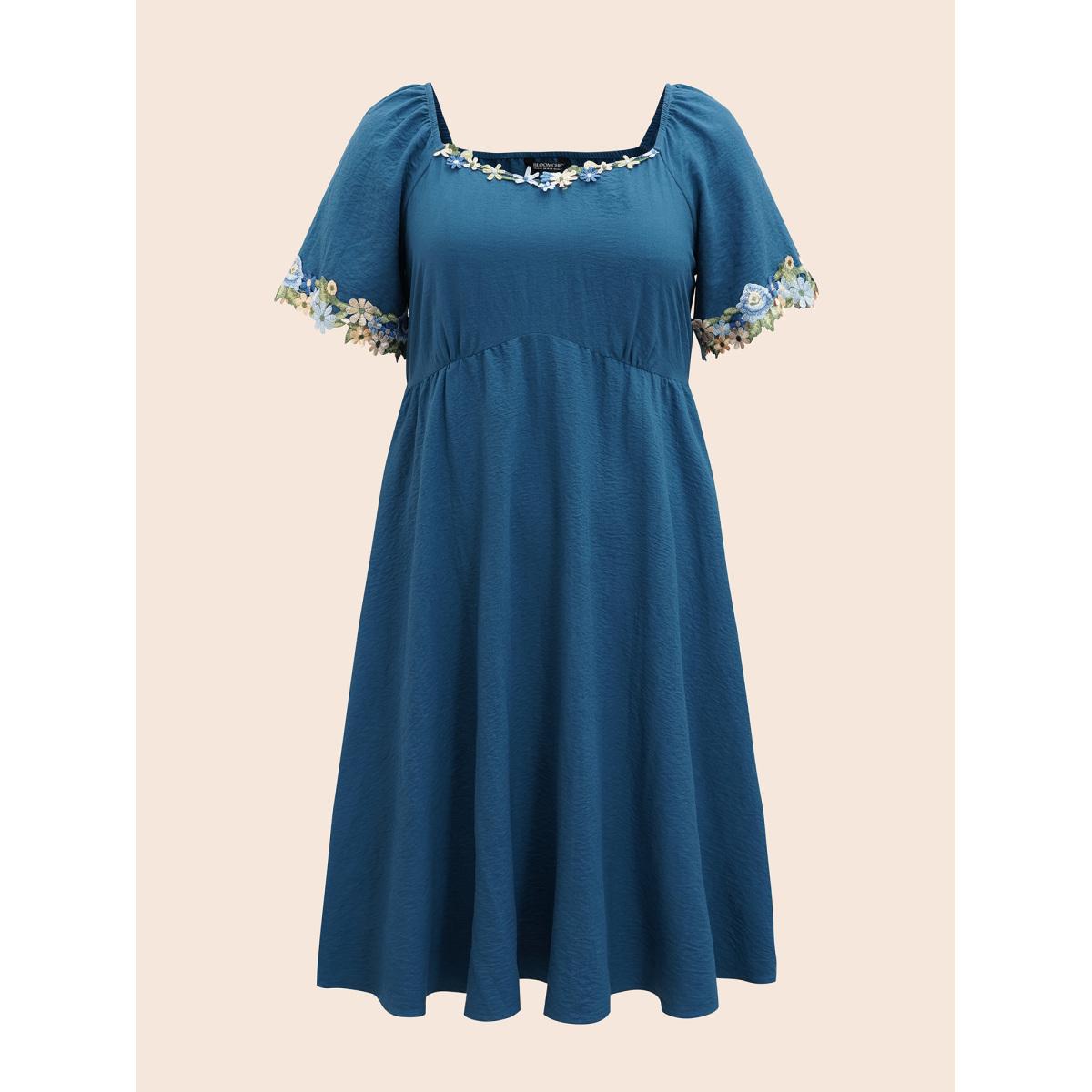 Plus Size Floral Embroidered Heart Neckline Gathered Dress Aegean Women Elegant Woven ribbon&lace trim Heart neckline Short sleeve Curvy BloomChic 26/4X Product Image