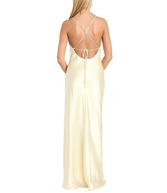 Morgan & Co. Sleeveless Long Spaghetti Strap Charmeuse Draped Front And X Back Long Dress Product Image