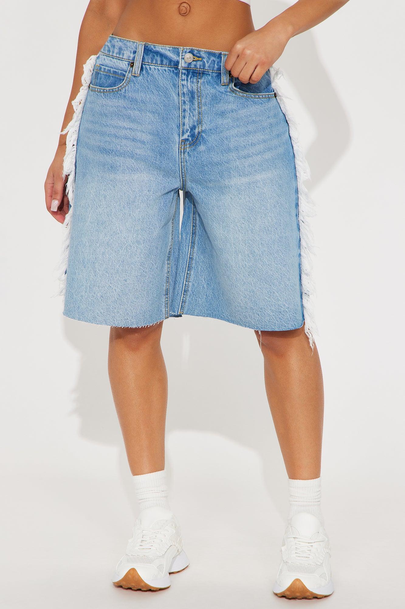Sahara High Rise Fringed Bermuda Shorts - Medium Wash Female Product Image