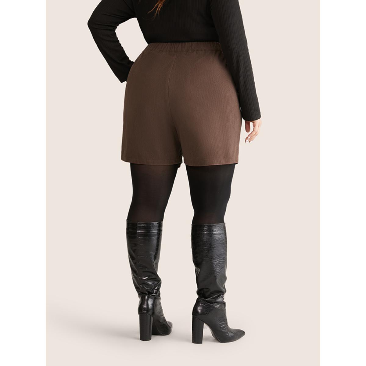 Plus Size Solid Corduroy Plicated Detail Shorts Women DarkBrown Office Texture Office Shorts BloomChic 22-24/3X Product Image
