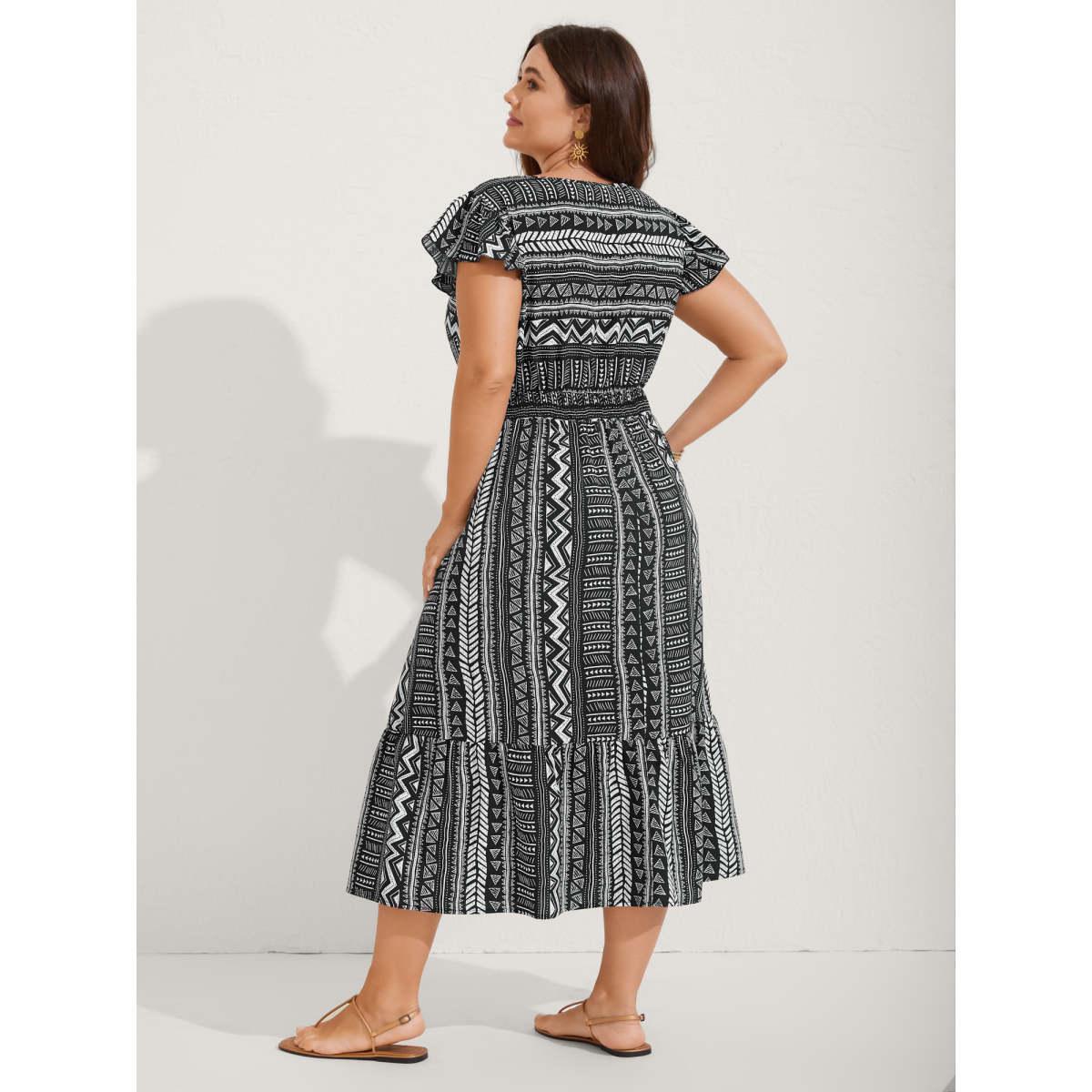 Plus Size Boho Stripes Shirred Waist Midi Dress Black Women V-neck Cap Sleeve Curvy BloomChic 10/M Product Image