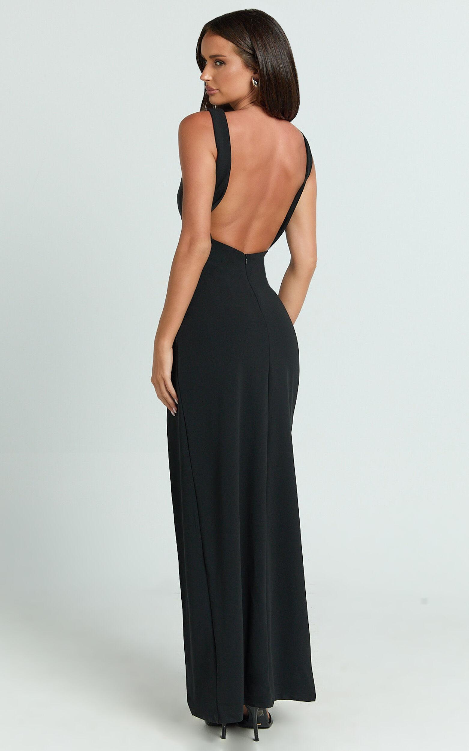 Raya Maxi Dress - Deep V Neck Low Back Bodycon Dress in Black Product Image