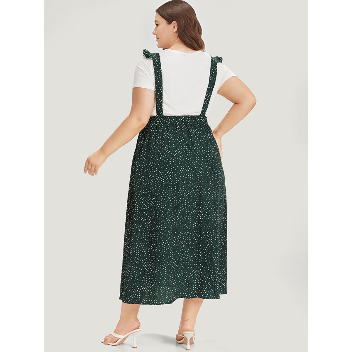 Plus Size Polka Dot Pocket Flutter Trim Overall Dress Black Women Casual Elastic Waist Spaghetti Strap Sleeveless Curvy Midi Dress BloomChic 28/5X Product Image