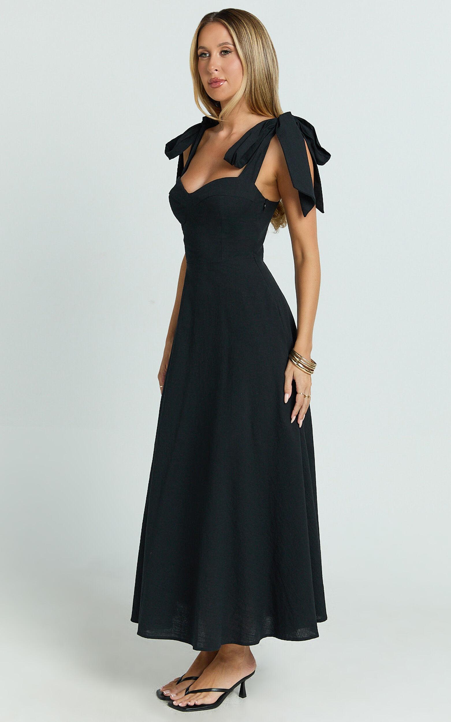 Tymia Midi Dress - Shoulder Tie Bustier Shirred Back A Line in Black Product Image