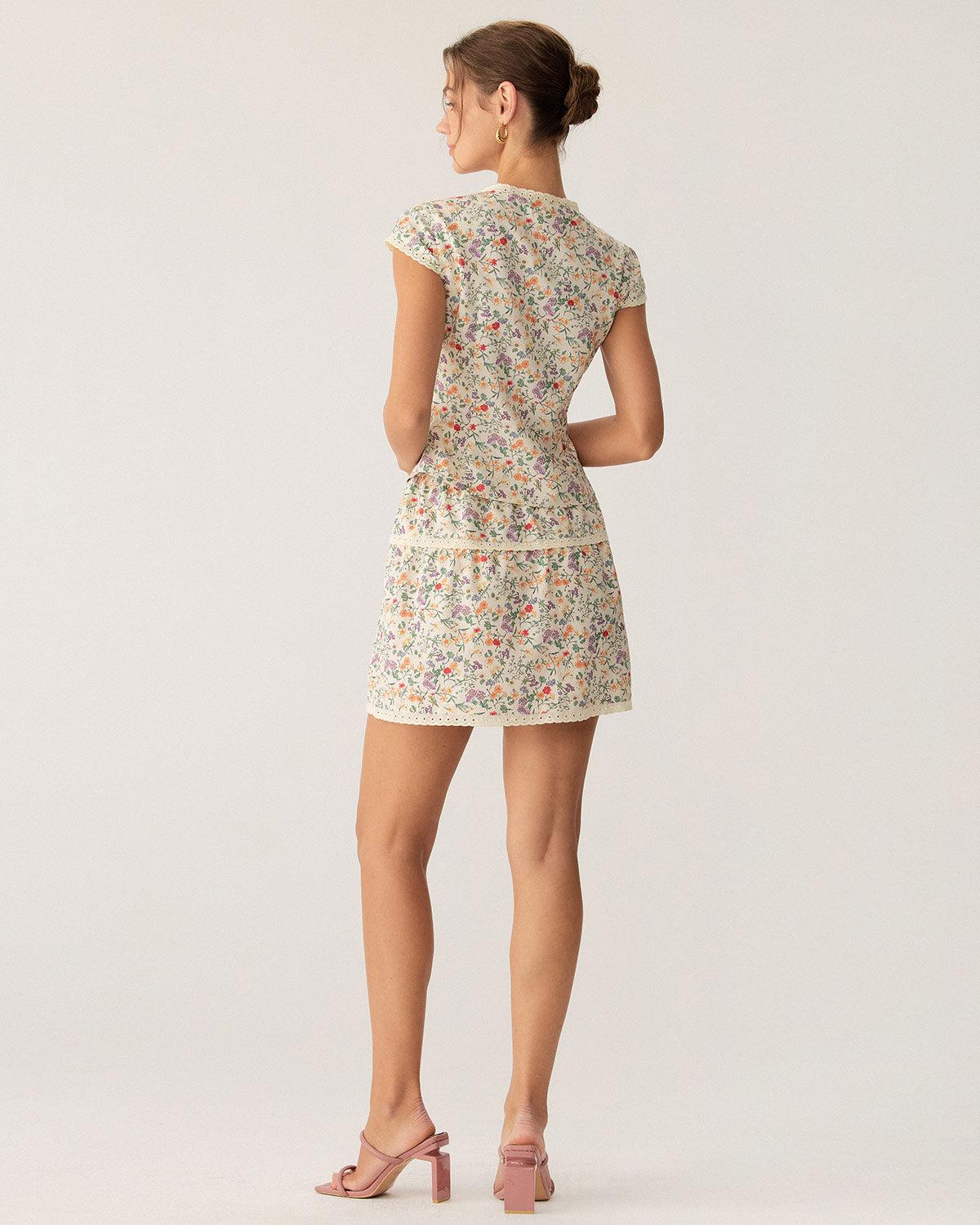 Floral Elastic Waist Ruched Mini Skirt Product Image