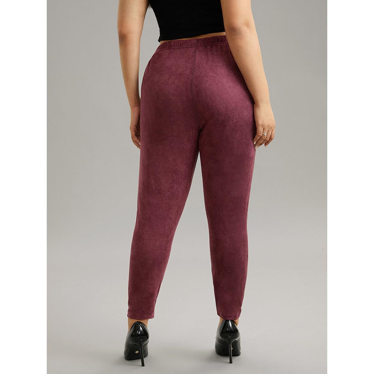 Plus Size Solid Elastic Waist Texture Very Stretchy Leggings Women Burgundy Elegant High stretch Skinny High Rise Dailywear Leggings BloomChic 10/M Product Image