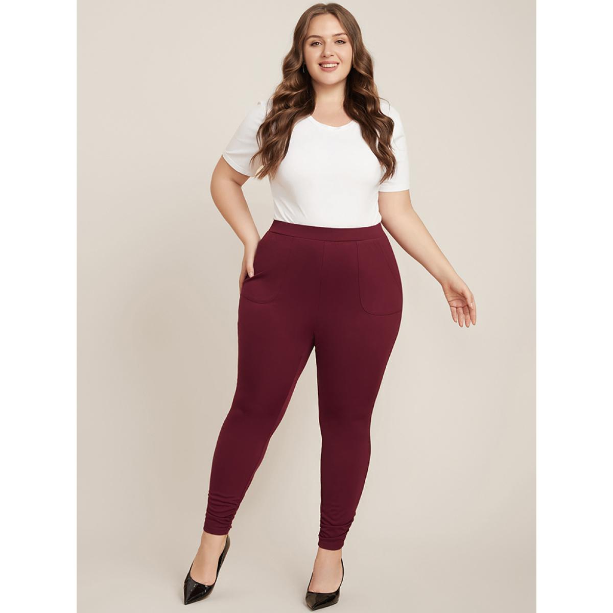 Plus Size Plain Pocket Elastic Waist Ruched Hem Skinny Pants Women Scarlet Office Skinny High Rise Work Pants BloomChic 18-20/2X Product Image