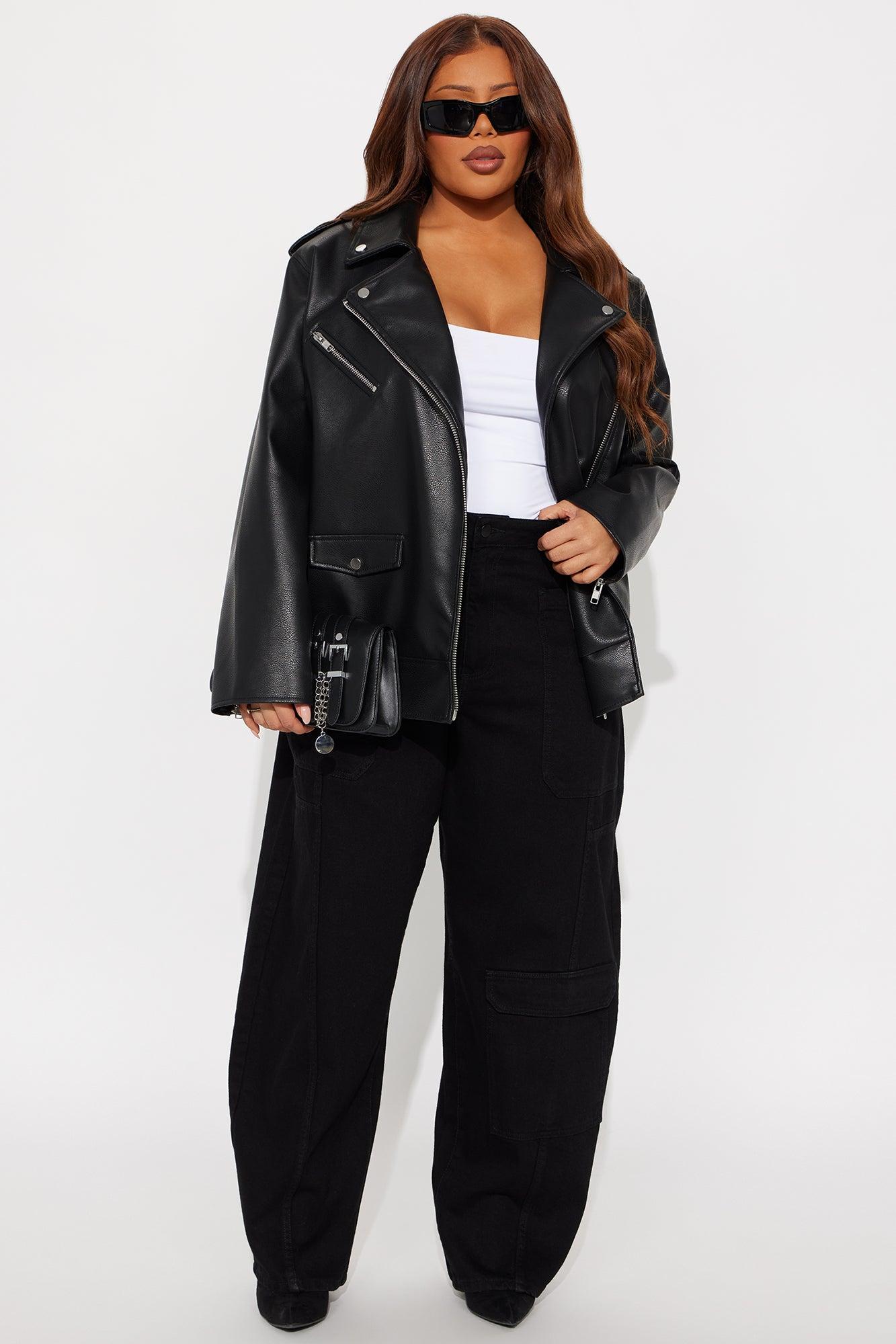 Phoebe Oversized Faux Leather Moto Jacket - Black Female Product Image