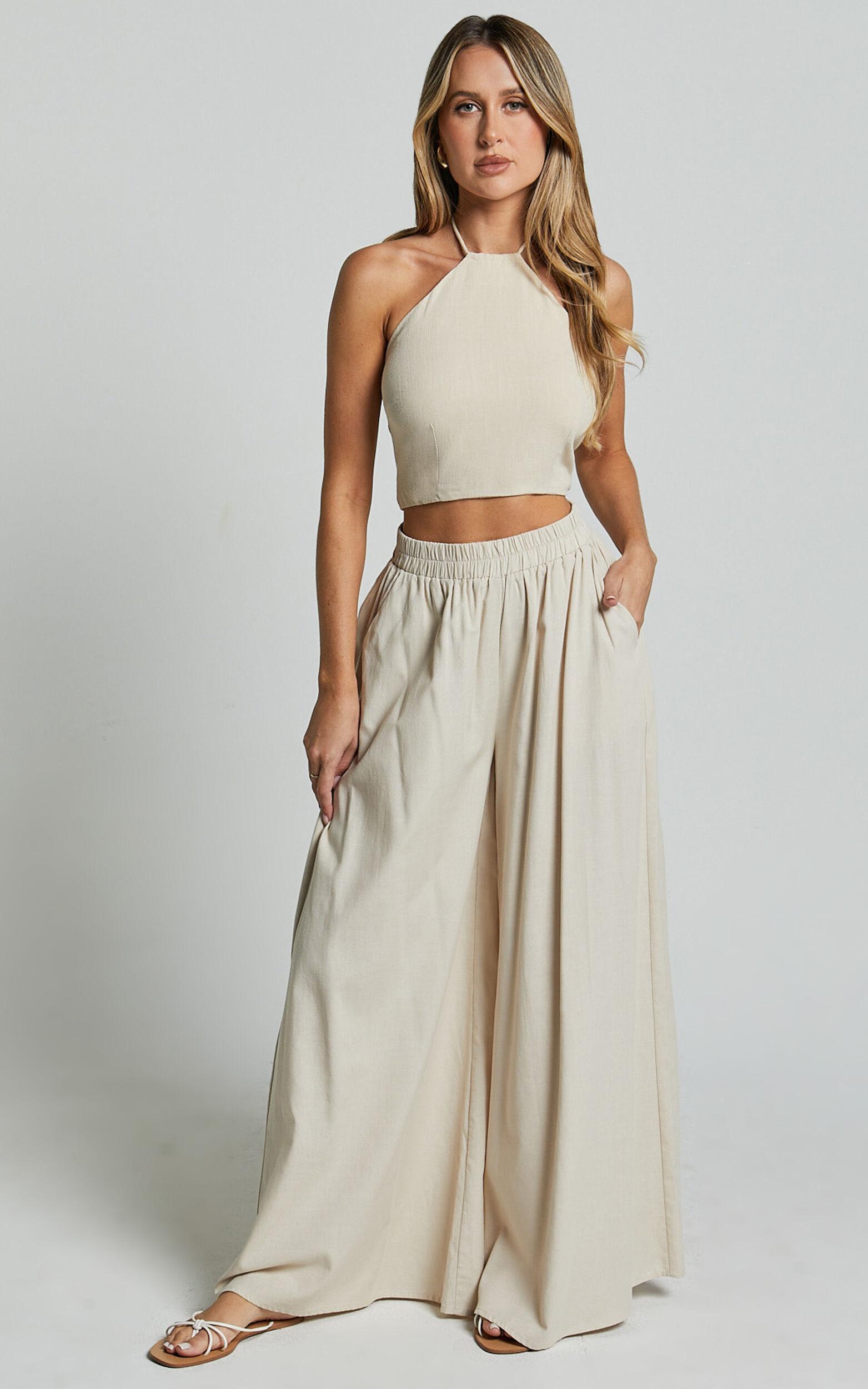 Tamara Pants - High Elasticated Waist Wide Leg Pants in Natural Product Image