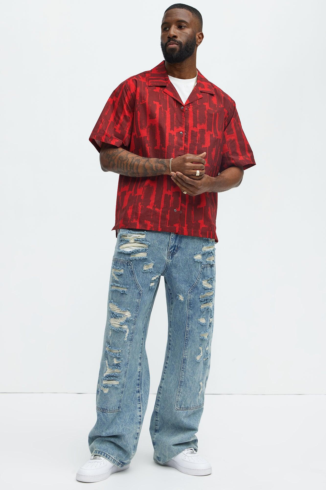 Seersucker Printed Short Sleeve Cuban Collar Shirt - Red/combo Product Image