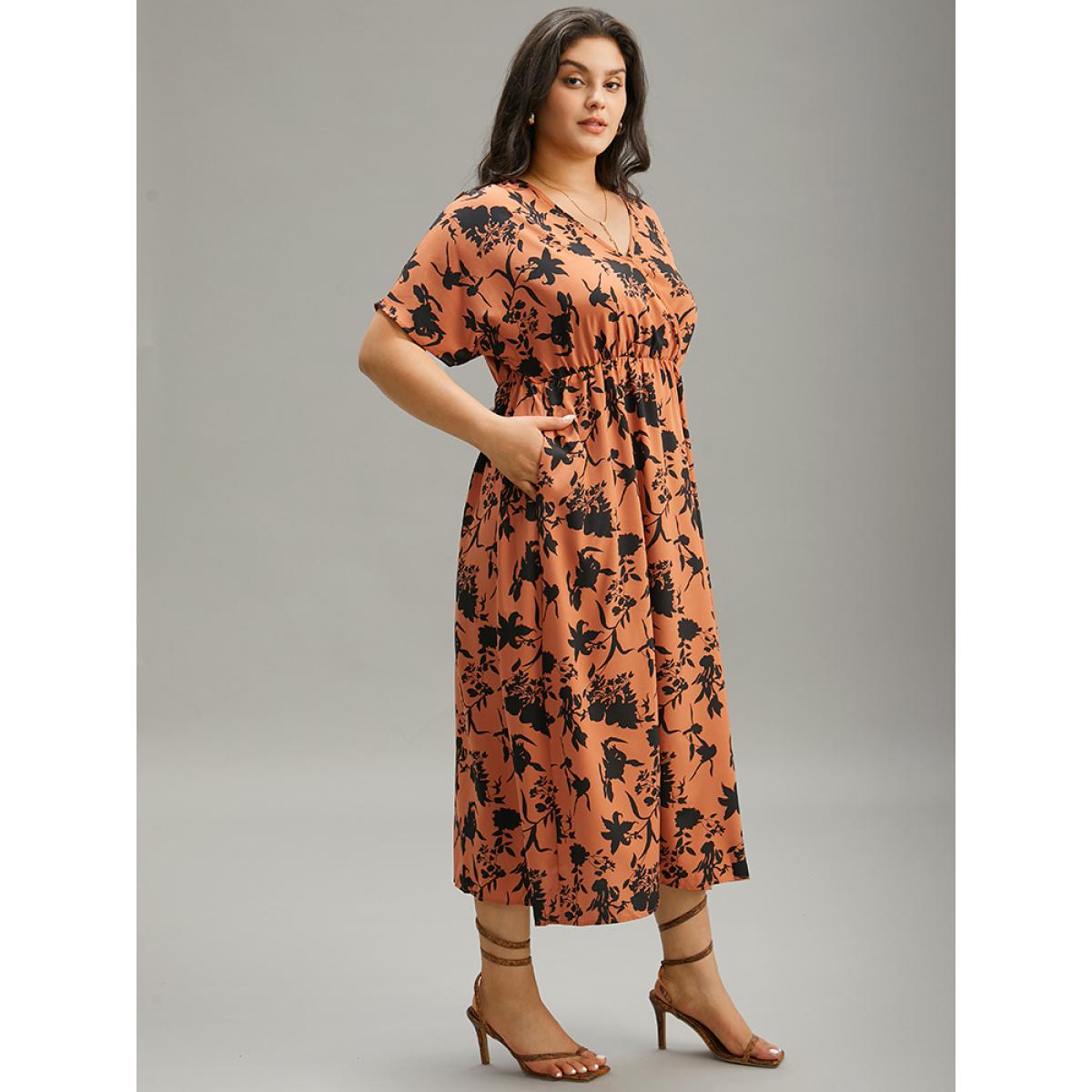 Plus Size Silhouette Floral Print Surplice Neck Elastic Waist Dress Chocolate Women Elegant Wrap V-neck Short sleeve Curvy Midi Dress BloomChic 10/M Product Image