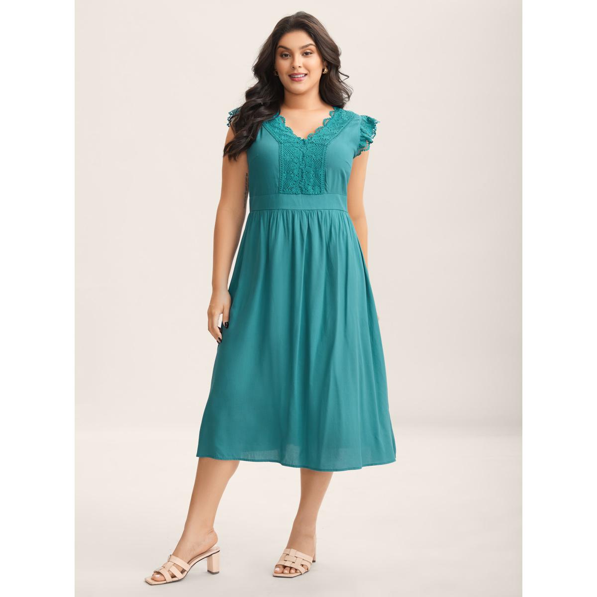 Plus Size Lace Detail Pockets Flutter Sleeve Midi Dress Turquoise Women V-neck Cap Sleeve Curvy BloomChic 10/M Product Image