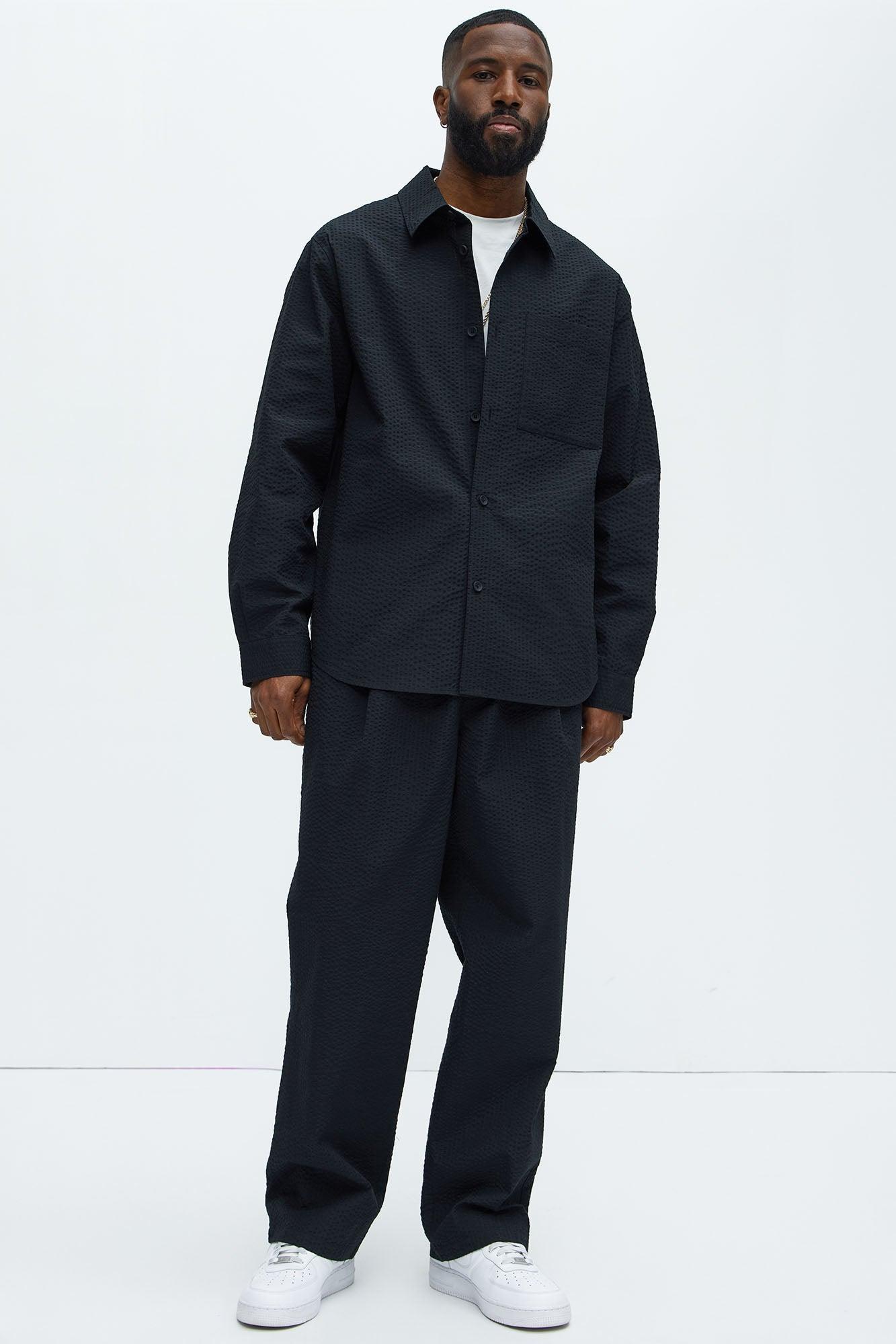 Seersucker Long Sleeve Button Up Shirt - Black Product Image