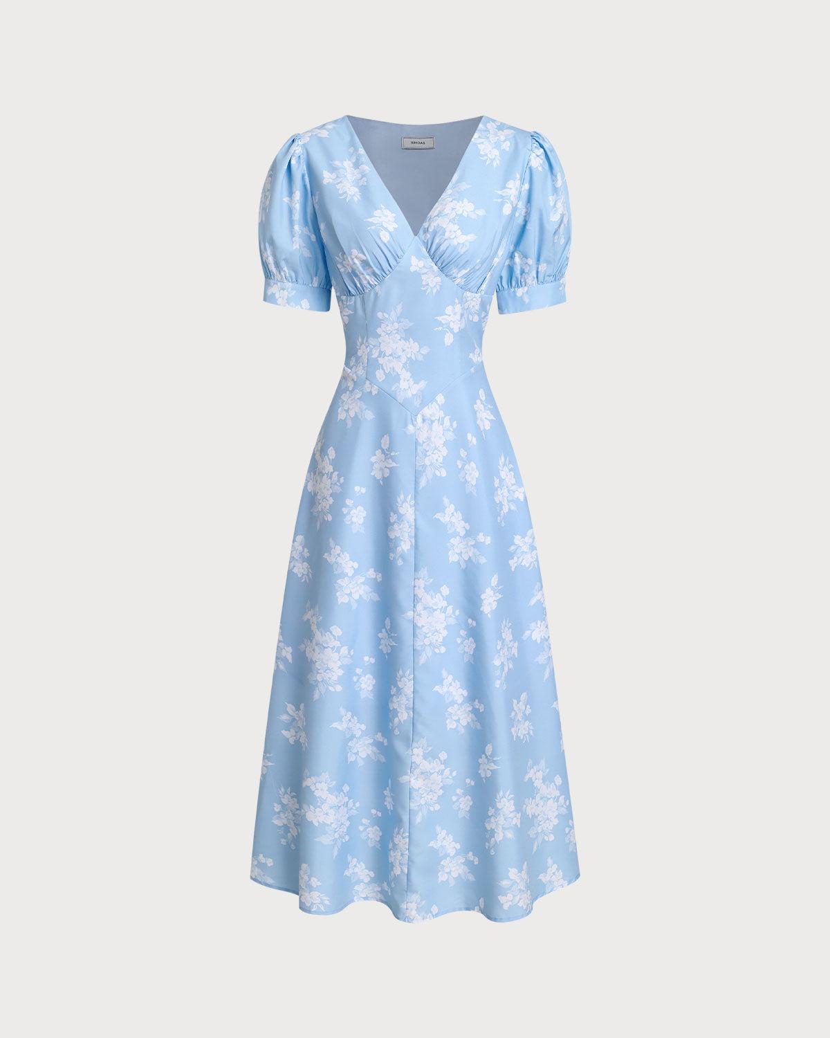 Blue Floral Puffed Sleeve Ruched Midi Dress Product Image