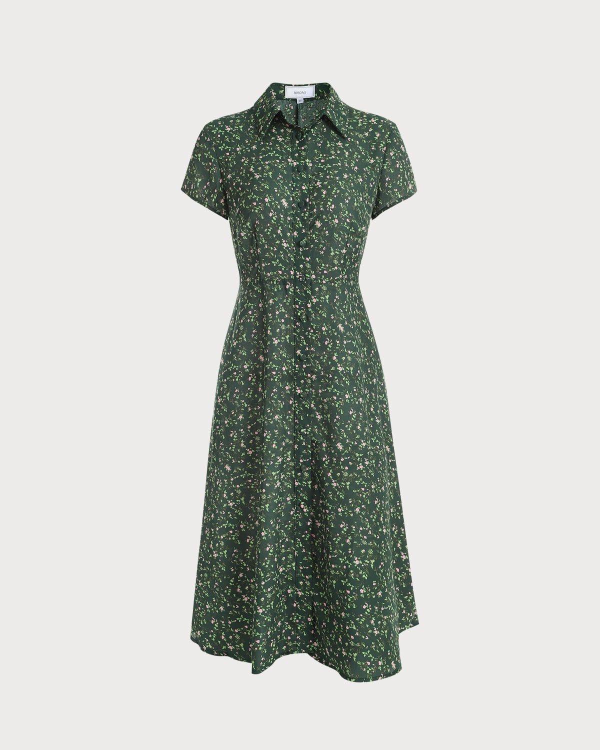 The Green Lapel Button Up Floral Midi Dress Female Product Image