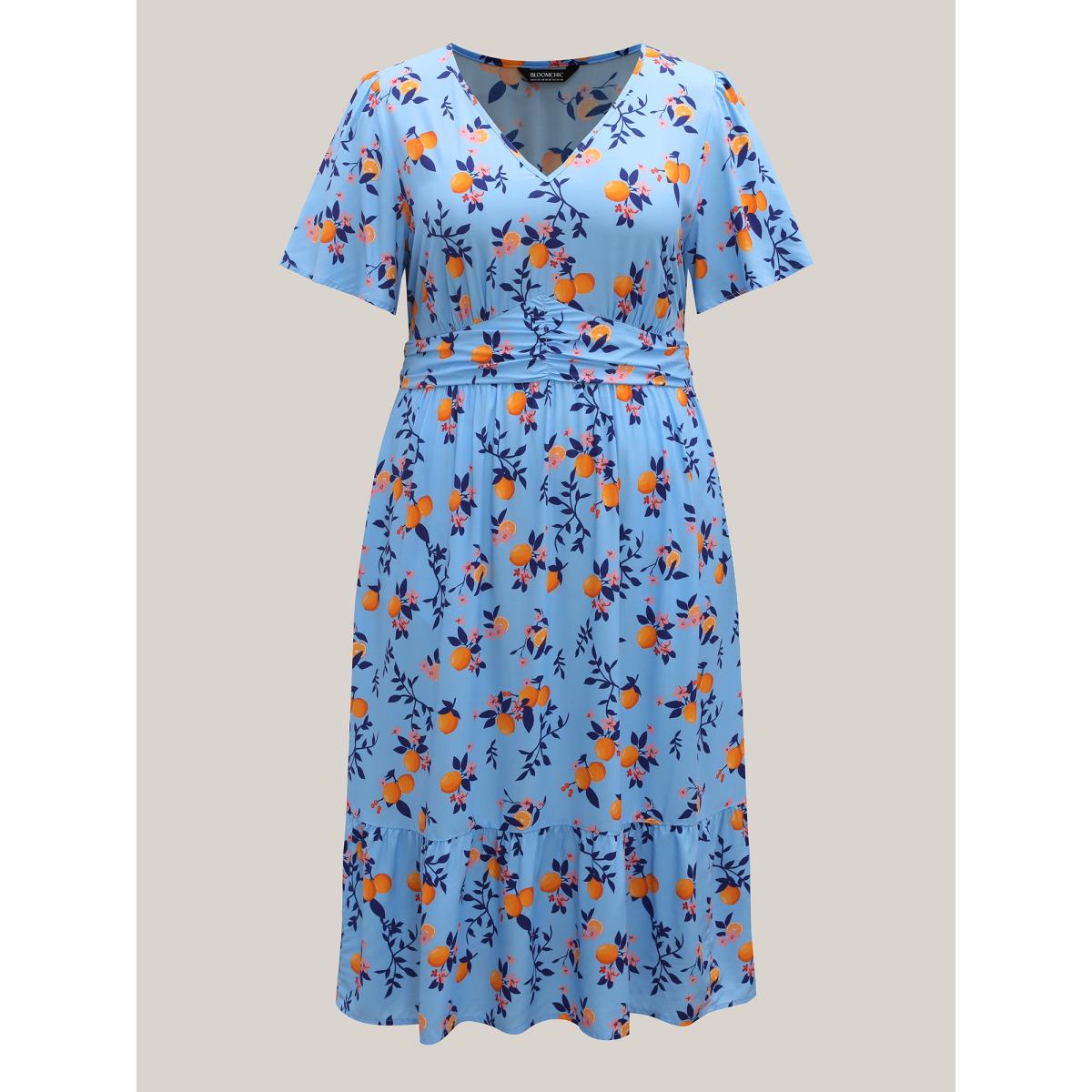 Plus Size Citrus Print Cinched-Waist Midi Dress Skyblue Women V-neck Short sleeve Curvy BloomChic 18-20/2X Product Image