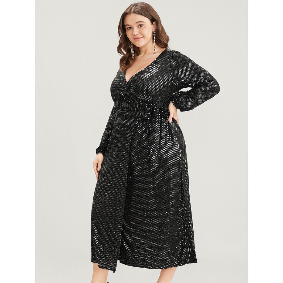 Plus Size Solid Sequin Knotted Side Wrap Lantern Sleeve Dress Black Women Party Knotted V-neck Long Sleeve Curvy Midi Dress BloomChic 26/4X Product Image