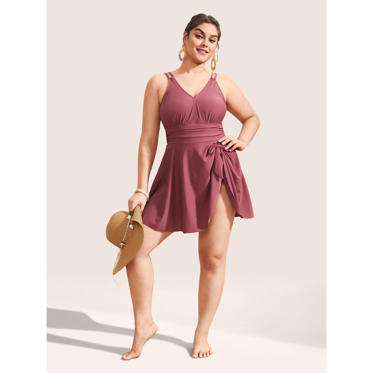 Plus Size Plain Gathered Knot Adjustable Straps Swim Dress Women's Swimwear Lilac Beach Bodycon V-neck High stretch Curve Swim Dresses BloomChic 28/5X Product Image