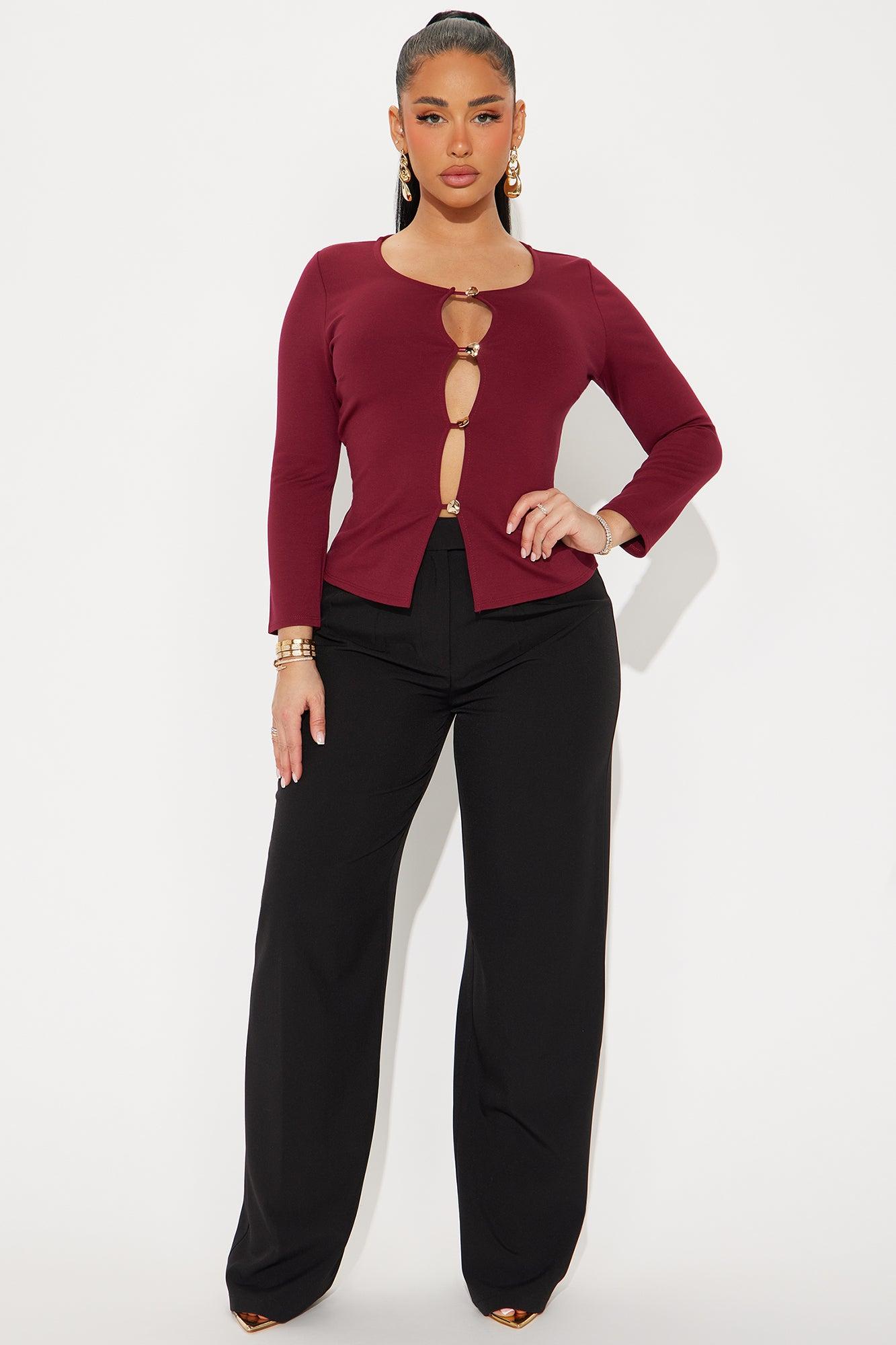 High Class Long Sleeve Cut Out Top - Burgundy Product Image