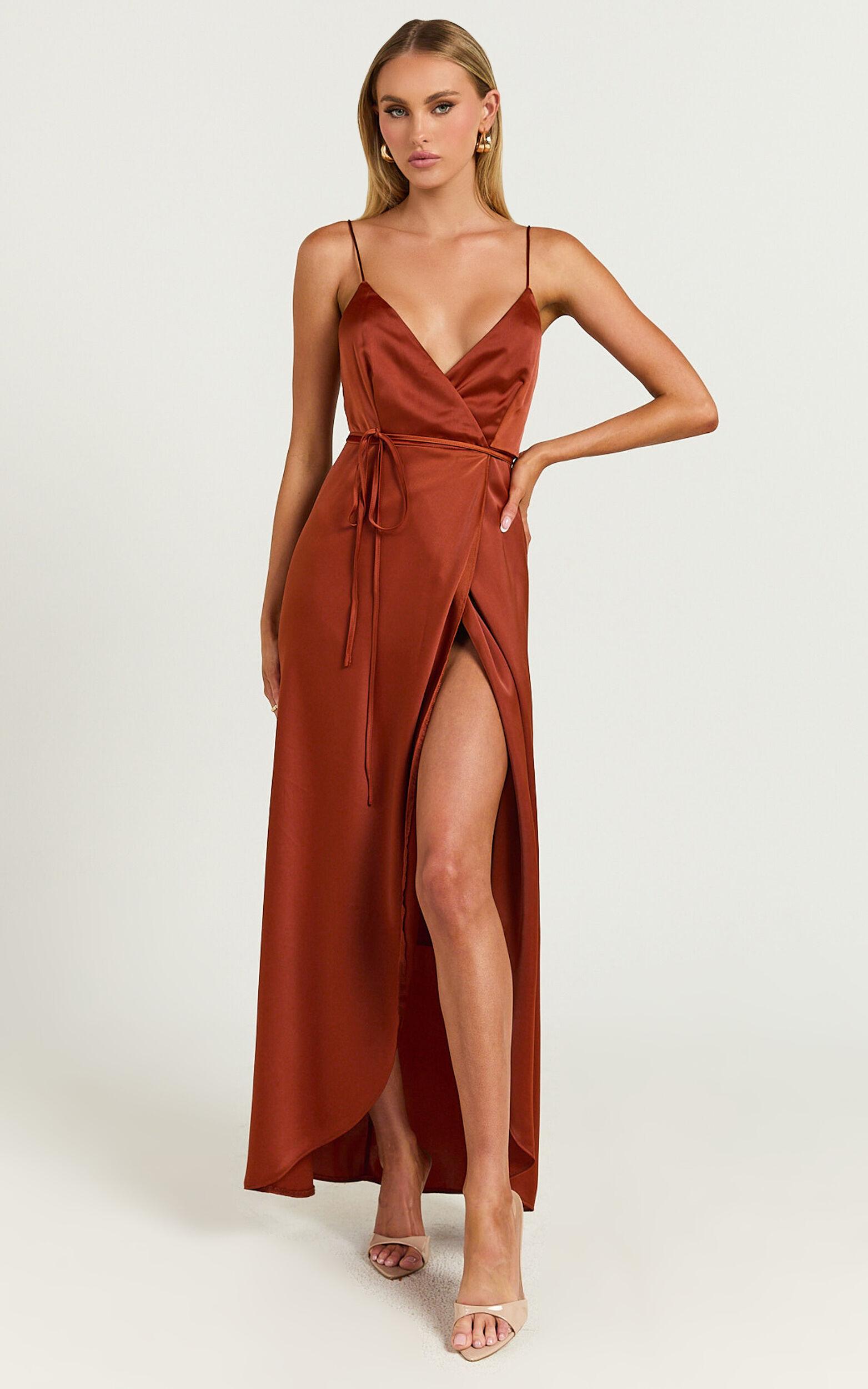 Mine Would Be You Midi Dress - Wrap Dress in Copper Satin Product Image
