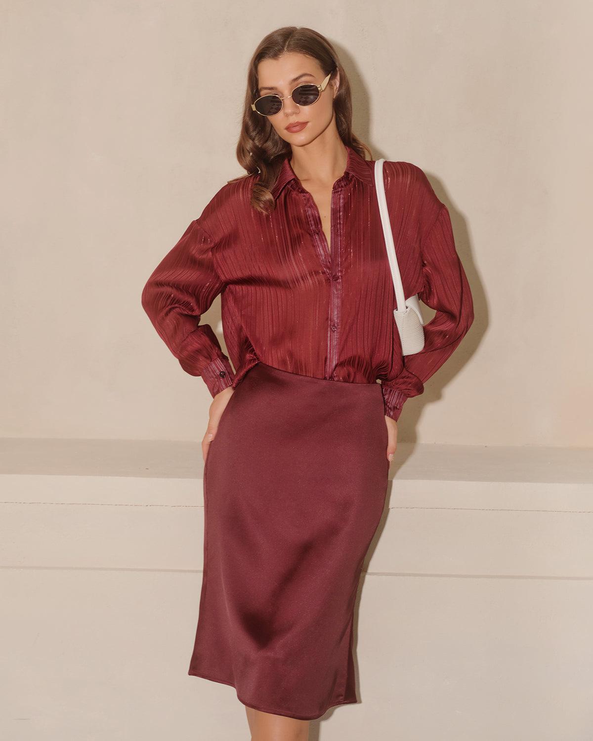 Wine Red Natural Waisted Mermaid Midi Skirt Product Image