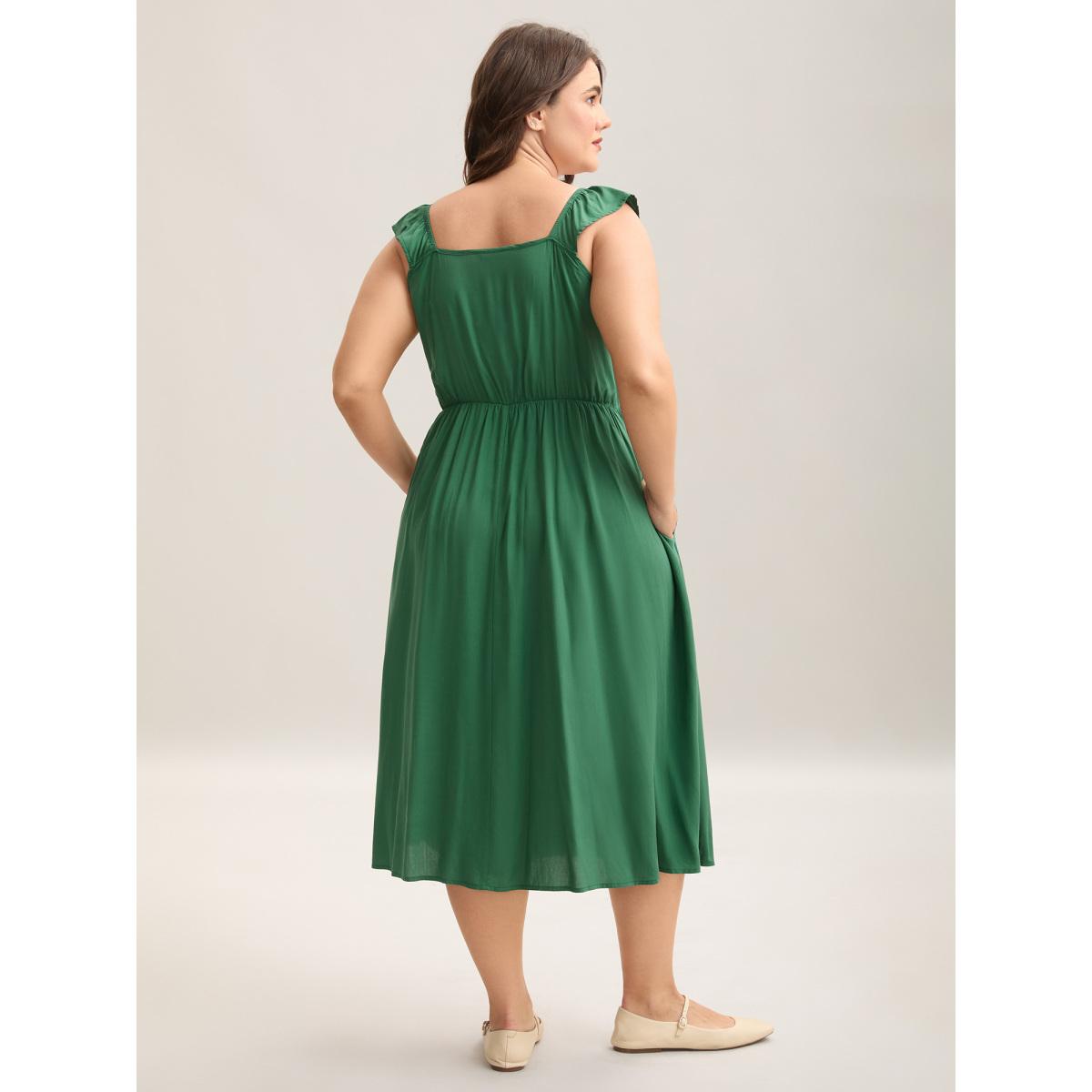 Plus Size Rayon Shirred Flutter Straps Pockets Midi Dress Emerald Women Square Neck Sleeveless Curvy BloomChic 22-24/3X Product Image