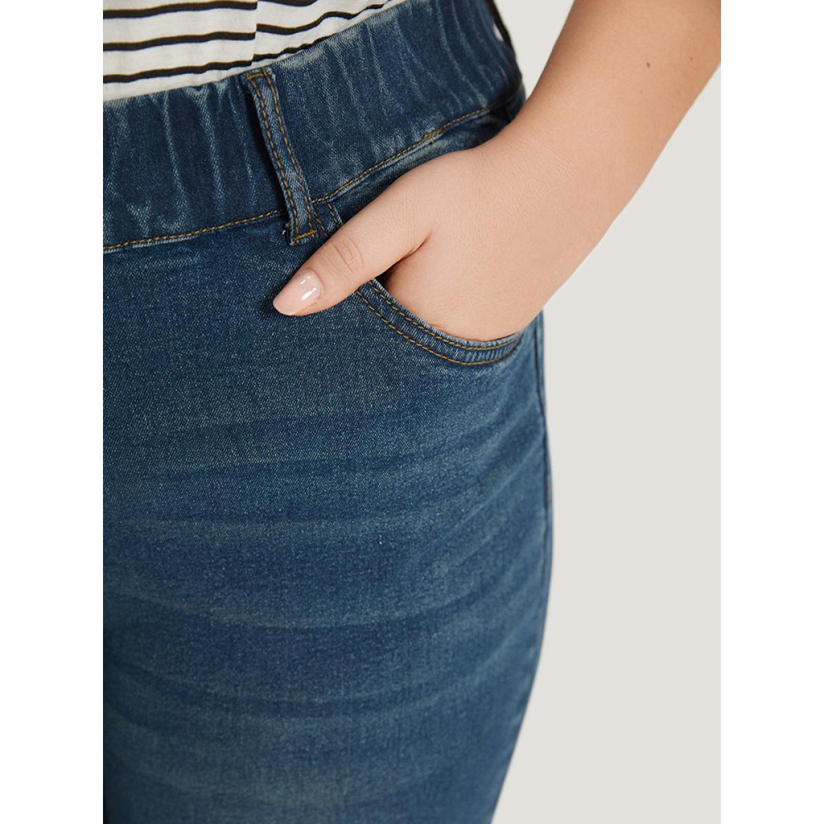Plus Size Plain Elastic Waist Medium Wash Roll Hem Jeans Women Indigo Casual Plain Plain High stretch Pocket Jeans BloomChic 10/M Product Image