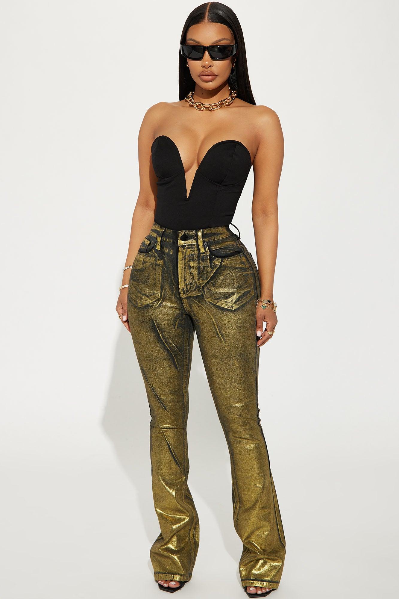 So Golden Foil Print Stretch Bootcut Jeans - Black/Gold Product Image