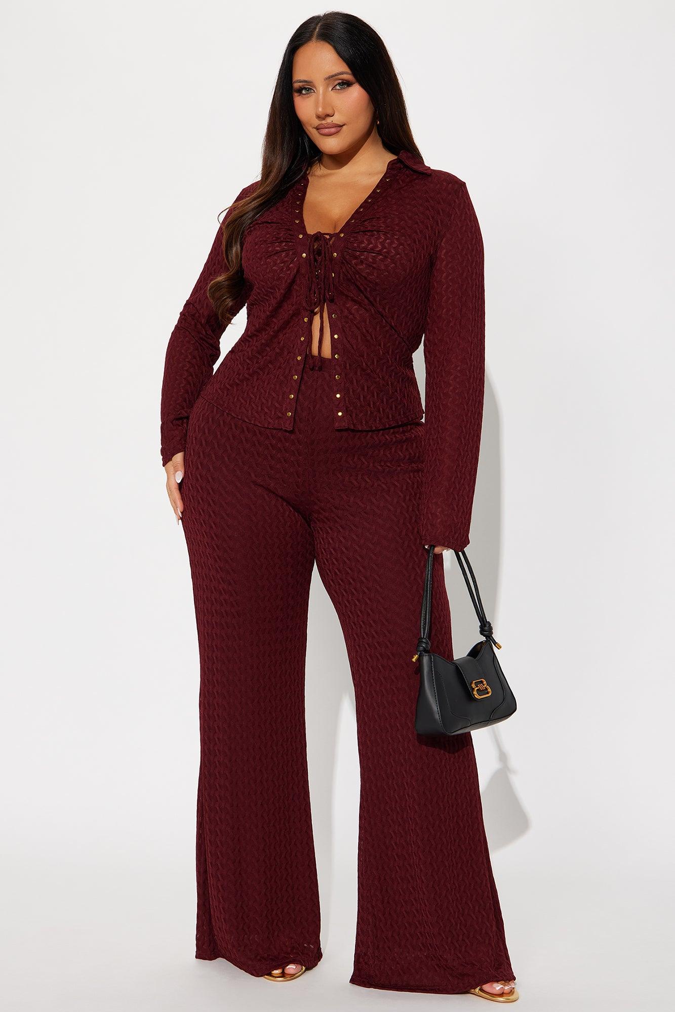 Taking It Back Textured Mesh Pant Set - Wine Female Product Image