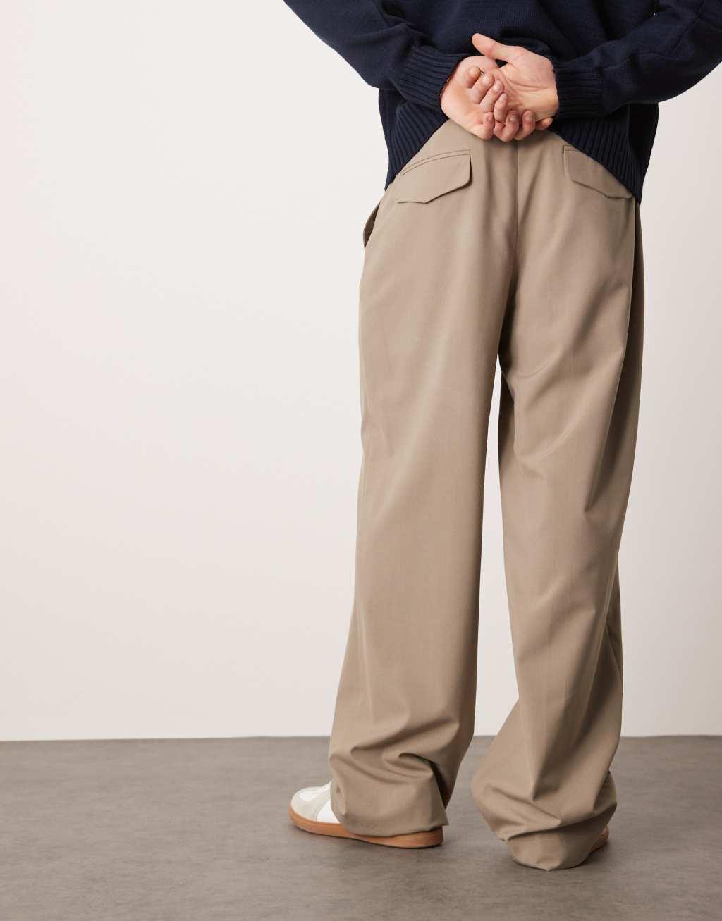 ASOS DESIGN smart wide leg pants with deep pleat in stone Product Image