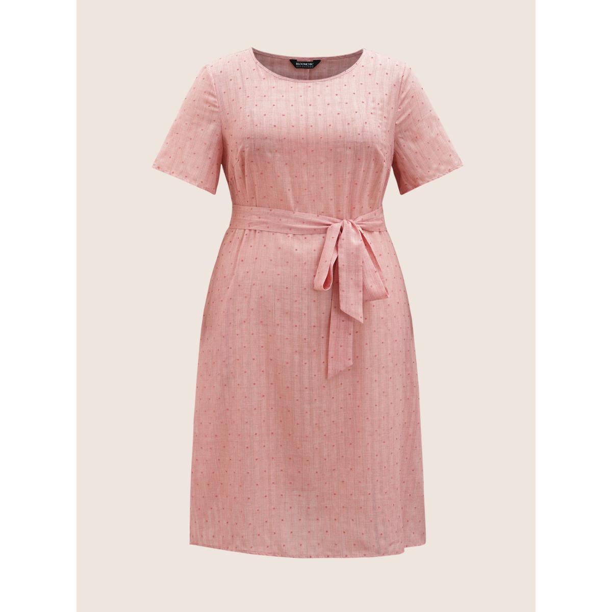 Plus Size Polka Dot Jacquard Split Hem Belted Dress Beanpastepowder Women Casual Texture Round Neck Short sleeve Curvy BloomChic 18-20/2X Product Image