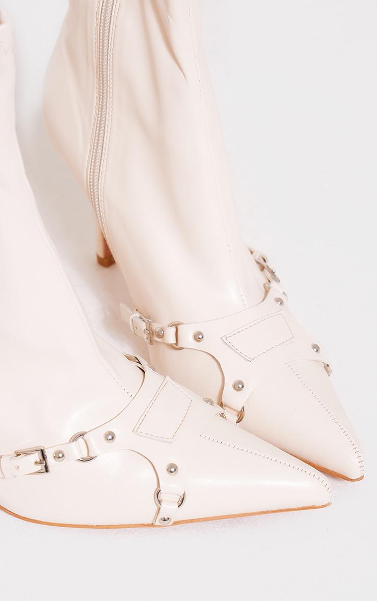 Cream Wide Fit Faux Leather Point Toe Buckle Detail Tab Ankle Heeled Boots Product Image
