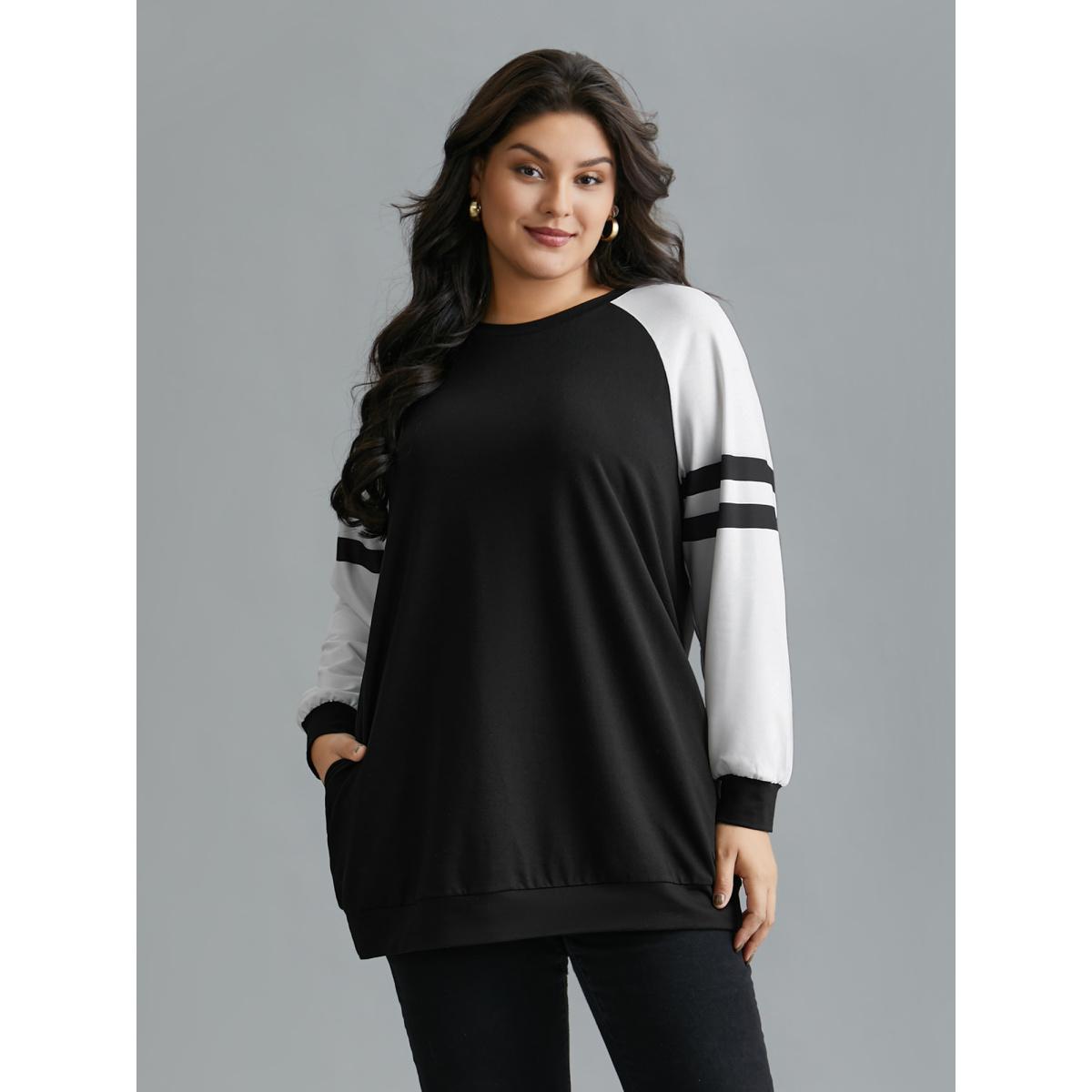 Plus Size Color Block Raglan Sleeve Stretchy Sweatshirt Women Black Casual Contrast Round Neck Everyday Sweatshirts BloomChic 22-24/3X Product Image