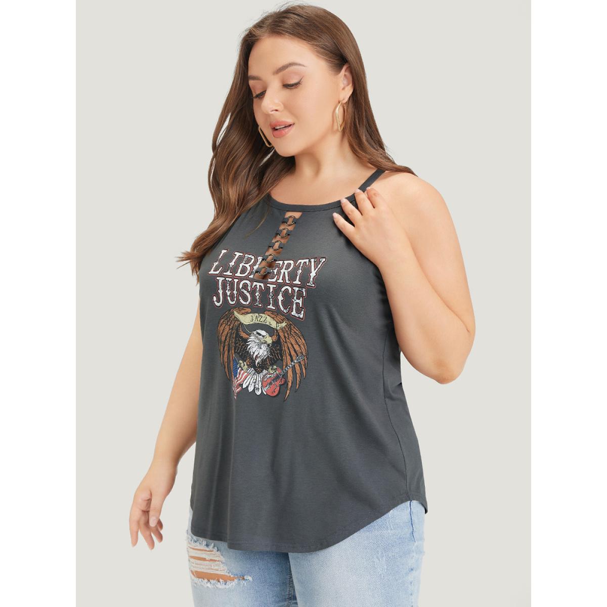Plus Size Eagle & Letter Print Halter Metal Detail Cut Out Cami Top Women DimGray Casual Arc Hem Dailywear Tank Tops Camis BloomChic 14-16/1X Product Image