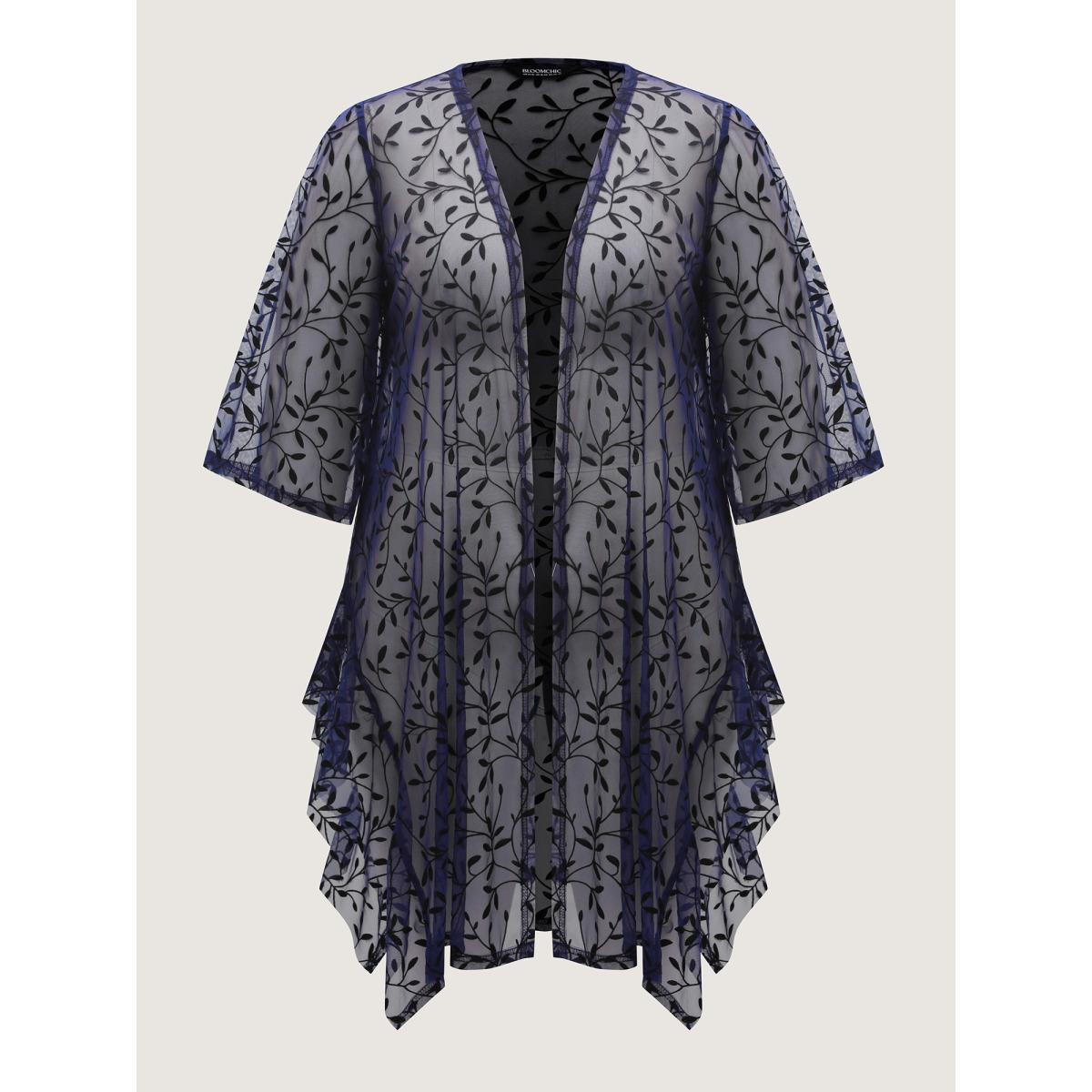 Plus Size Sheer Jacquard Asymmetrical Hem Kimono Women Indigo See through Loose Vacation Kimonos BloomChic 30/6X Product Image