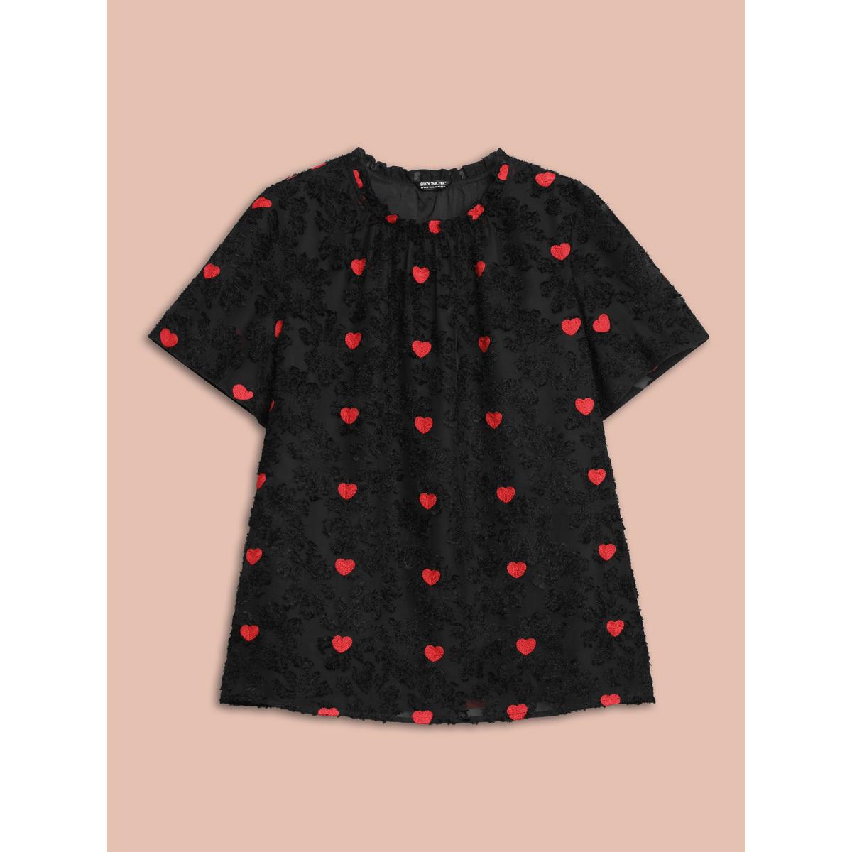 Plus Size Black Heart Jacquard Frill Trim Textured Blouse Women Elegant Short sleeve Mock Neck Everyday Blouses BloomChic 30/6X Product Image