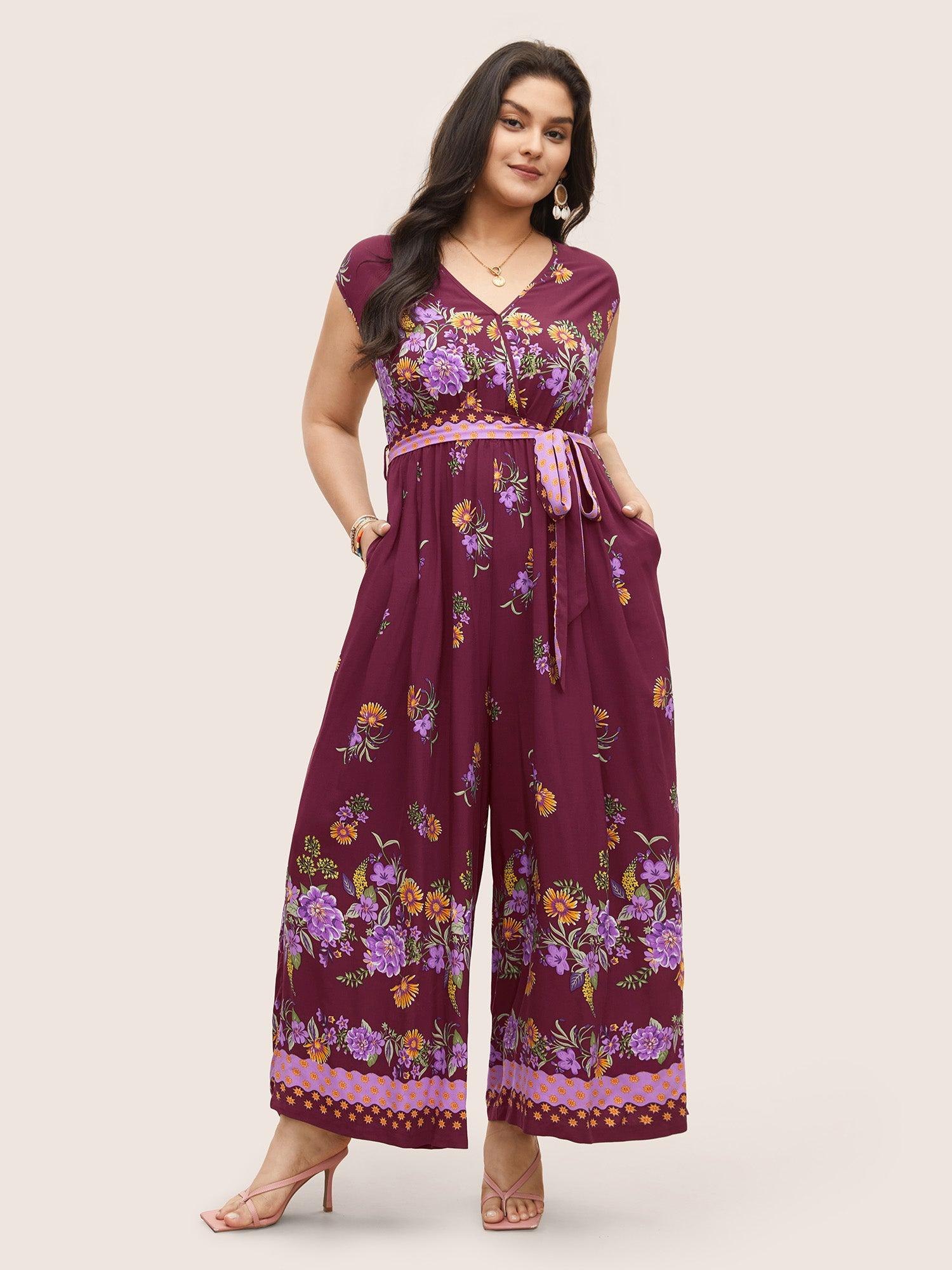 Boho Print Overlap Collar Belted Sleeveless Jumpsuit Female Product Image