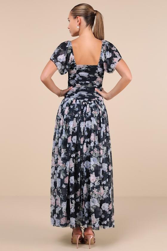 Majorly Dreamy Navy Floral Mesh Ruched Drop Waist Maxi Dress Product Image