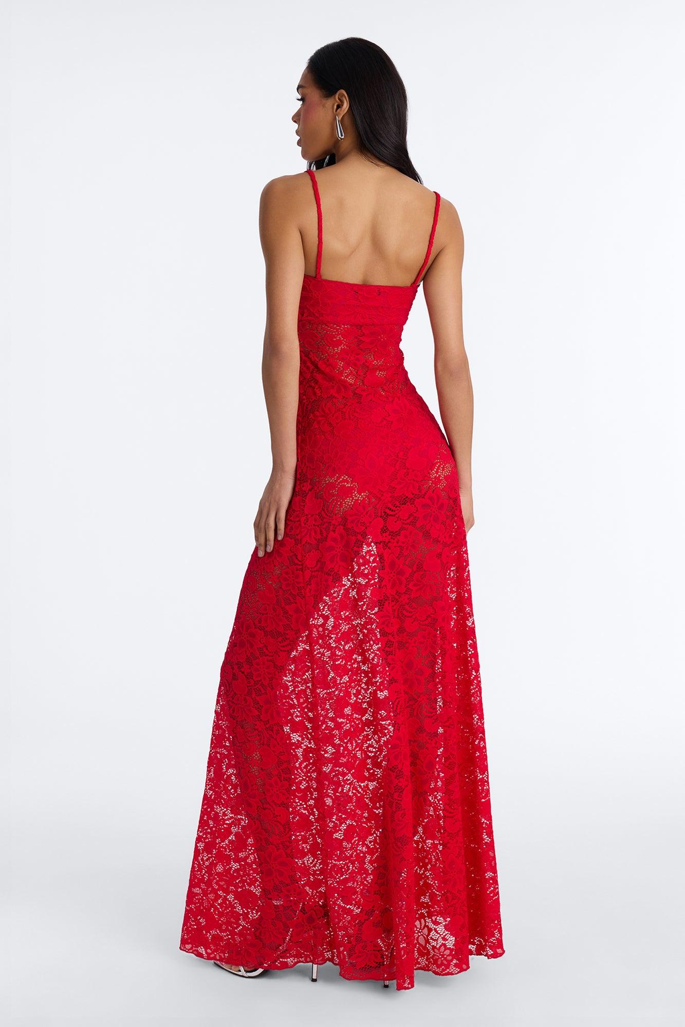 Jaylin Sheer Lace Maxi Dress - Red Female Product Image