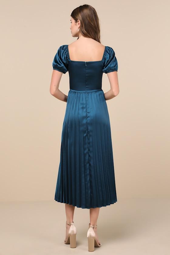 Flawless Forever Teal Satin Pleated Midi Dress Product Image