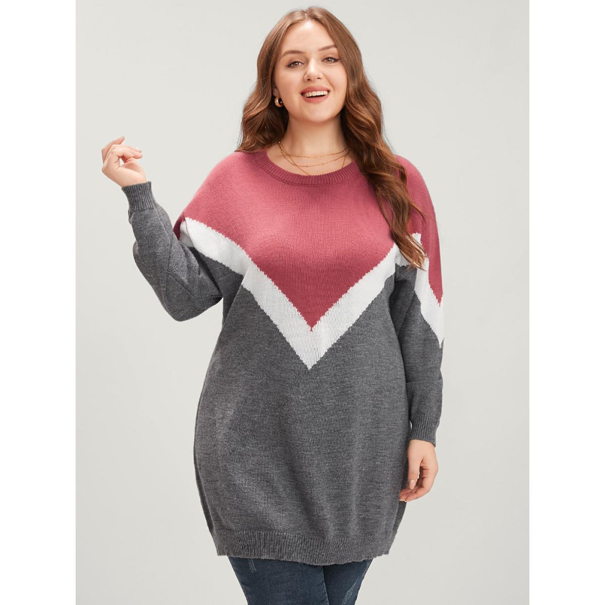 Plus Size Colorblock Contrast Pointelle Knit Round Neck Mid Long Knit Top Burgundy Women Casual Loose Long Sleeve Round Neck Everyday Pullovers BloomChic 26/4X Product Image