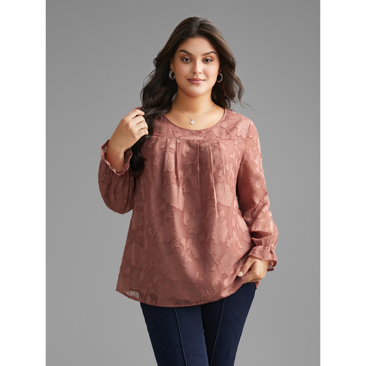 Plus Size Rouge Silhouette Floral Textured Lantern Sleeve Blouse Women Elegant Long Sleeve Round Neck Everyday Blouses BloomChic 28/5X Product Image