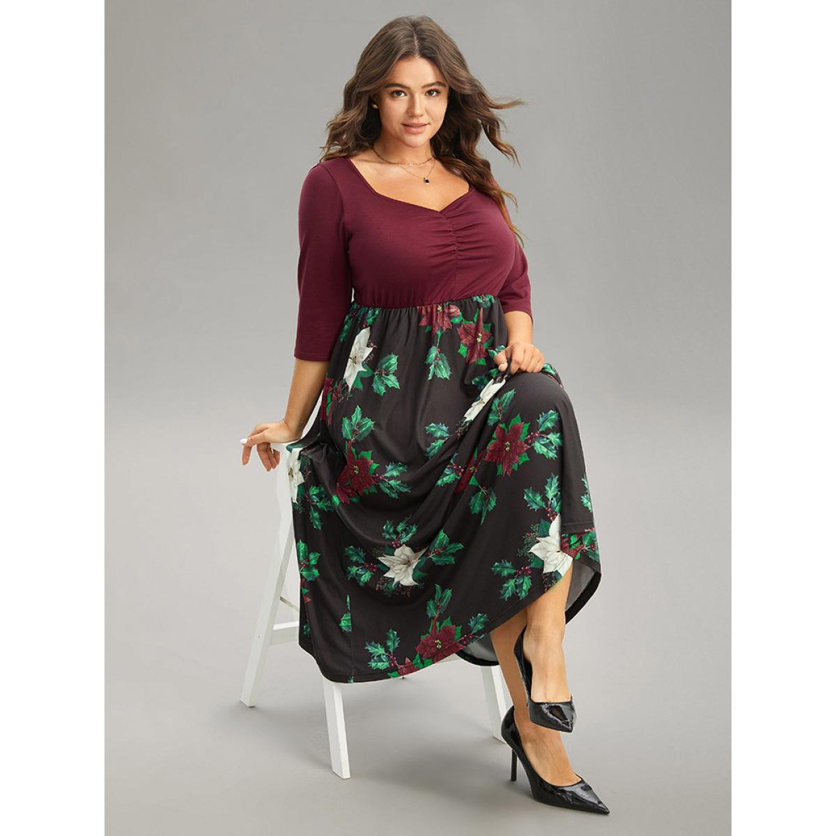 Plus Size Floral Patchwork Elastic Waist Ruched Dress Scarlet Women Office Gathered Square Neck Long Sleeve Curvy Midi Dress BloomChic 30/6X Product Image